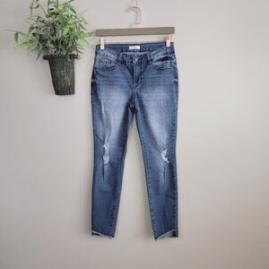 Kensie 4 Skinny Crop Mid Rise Frayed Asymmetrical Angled Ankle Distressed Jeans